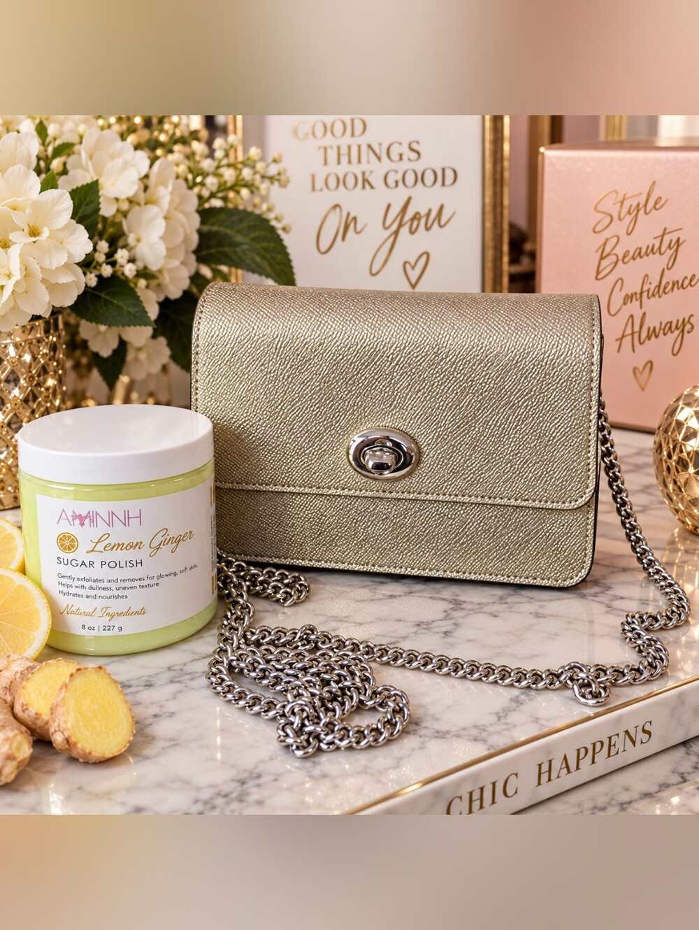 ✨️Gold Coach Metallic Chain Crossbody Purse + Aminnah Sugar Polish Bundle ✨